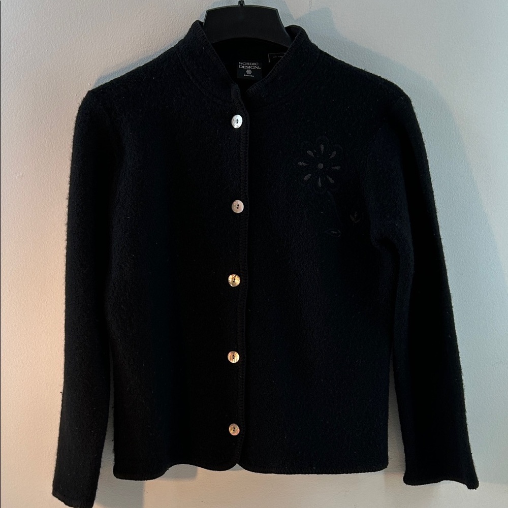 Vintage Nordic Black Wool Button-Up Sweater
